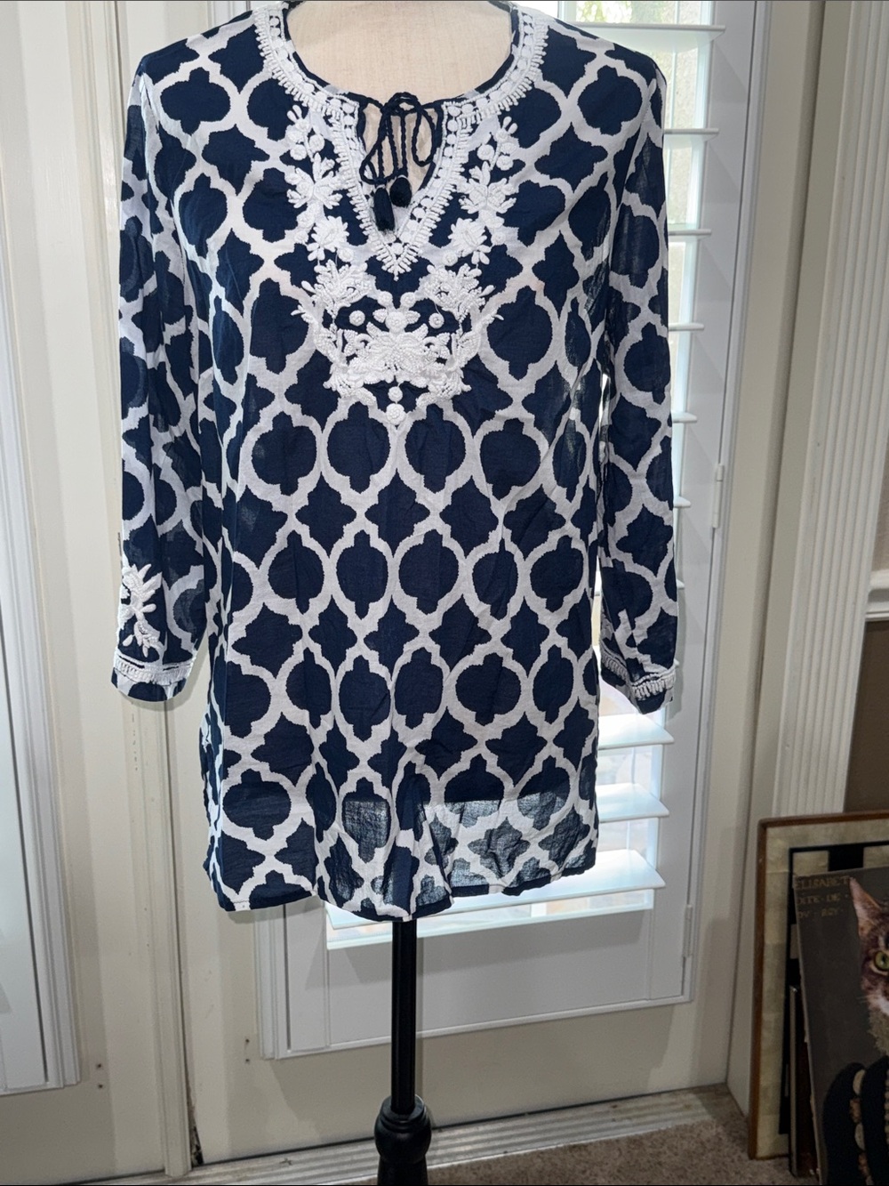 Talbots Navy and White Embroidered Long-Sleeve Tunic